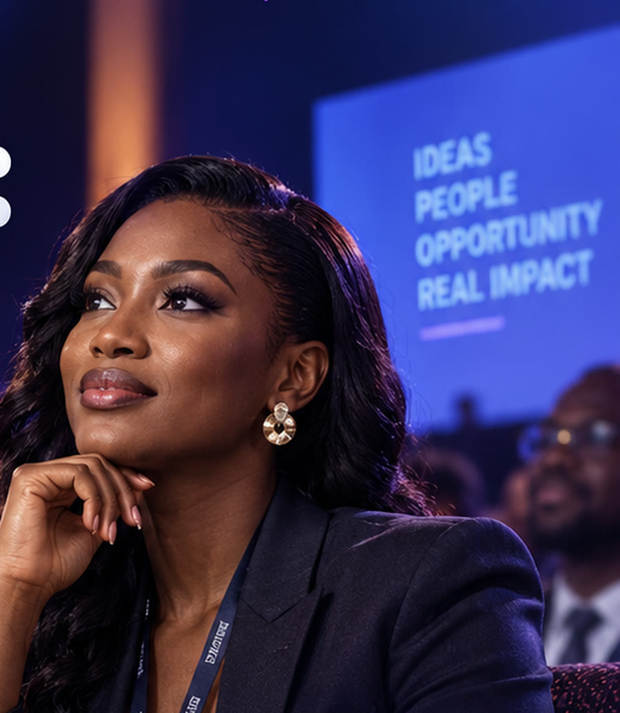 A woman in a dark blazer looks up, listening, in a conference audience lit purple and blue.